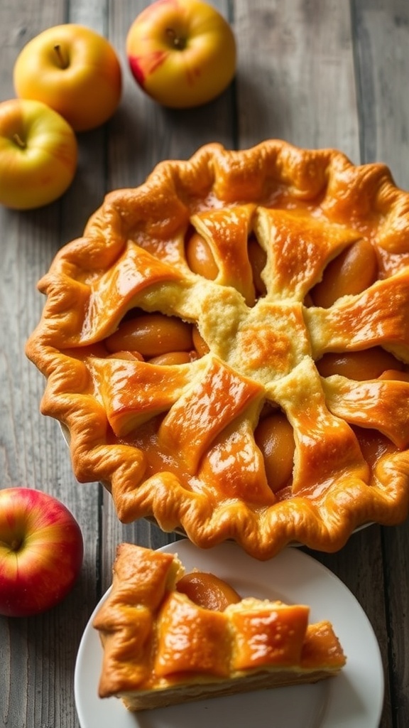 A golden brown two-crust apple pie with slits on top, surrounded by fresh apples on a wooden table.